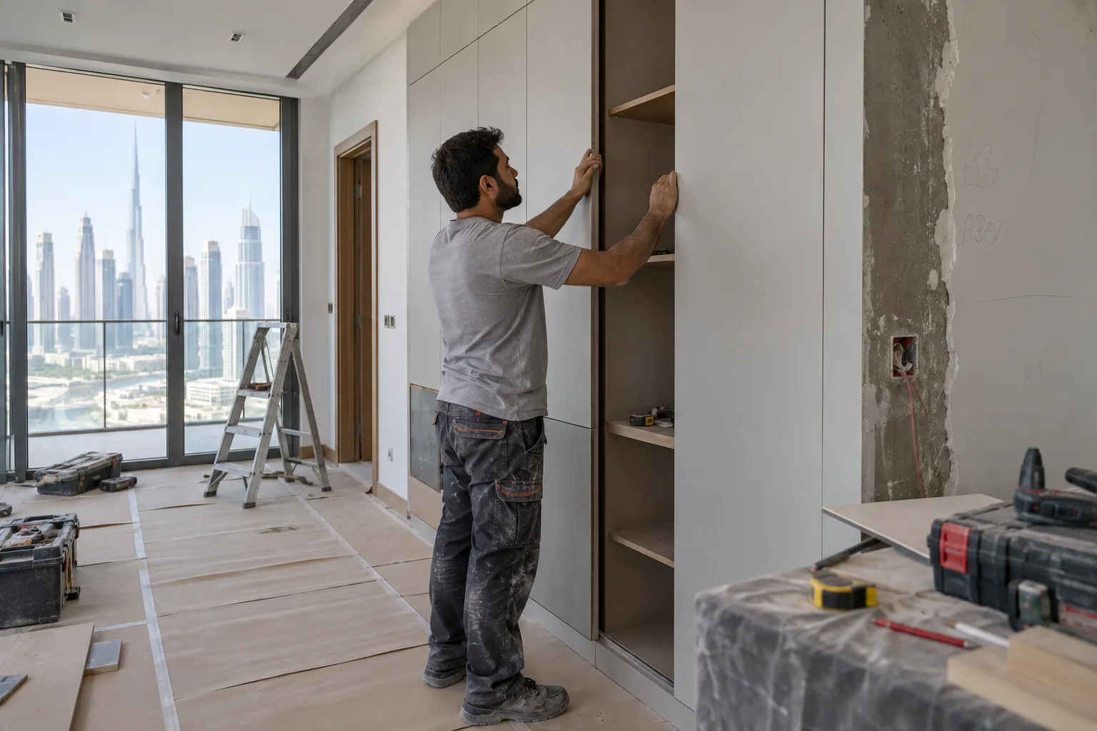 Male renovation worker installing cabinetry during a Dubai apartment renovation