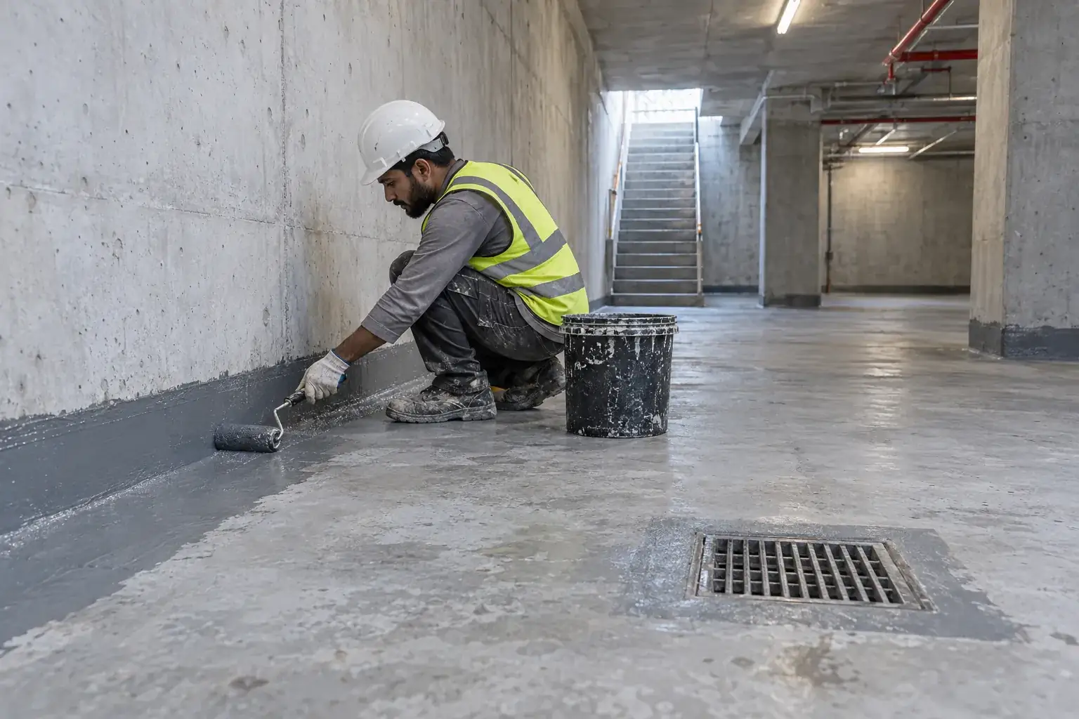 Male technician applying waterproofing treatment to a basement wall and floor junction in Dubai