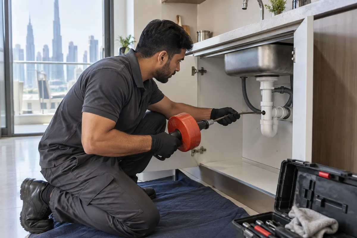 Male plumber using a drain auger beneath a kitchen sink in Dubai