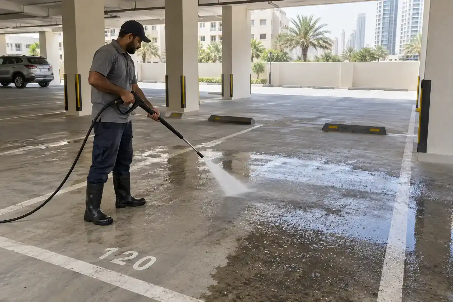 Male cleaner pressure-washing a marked parking area in Dubai