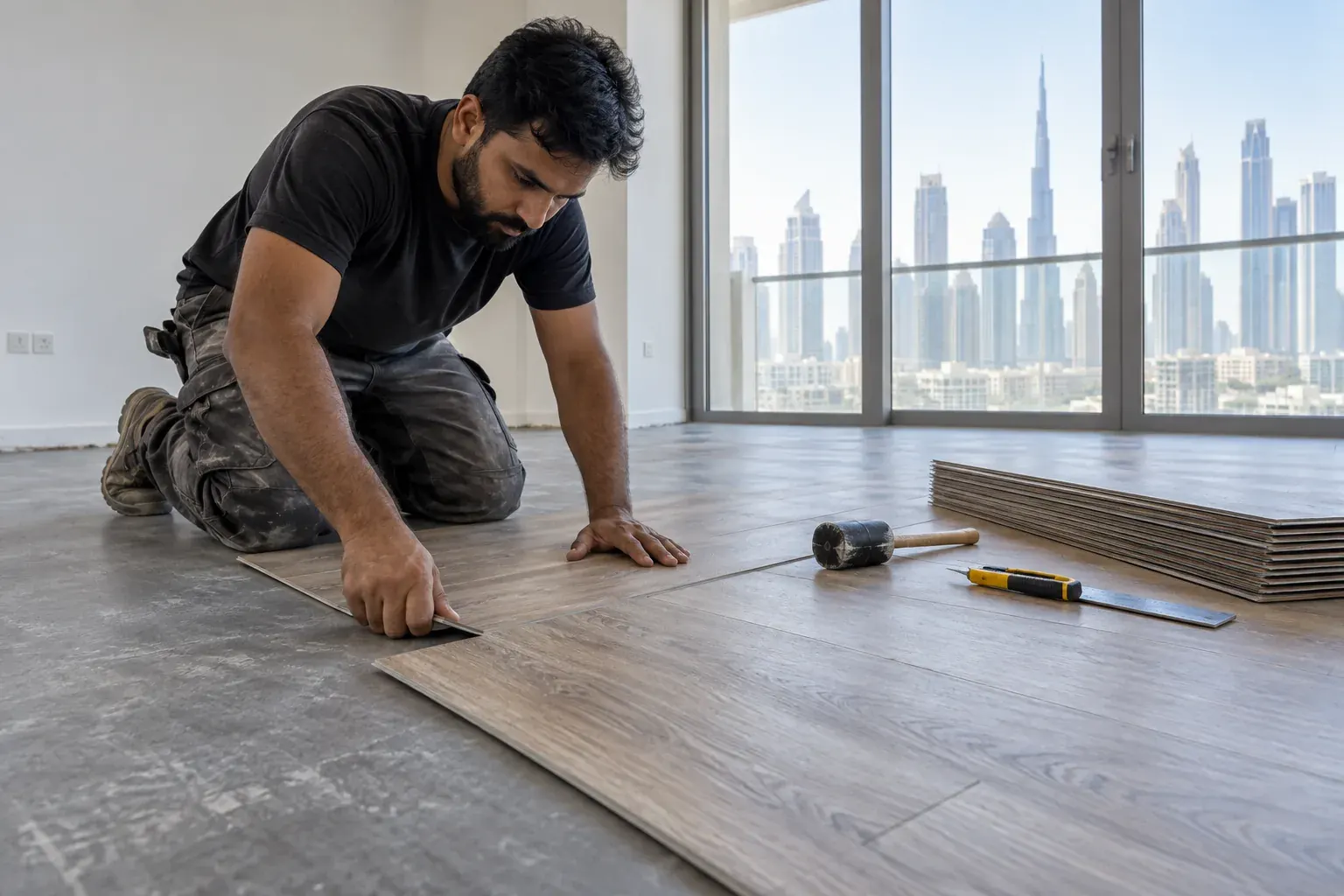 Male installer fitting wood-look vinyl flooring in a Dubai apartment