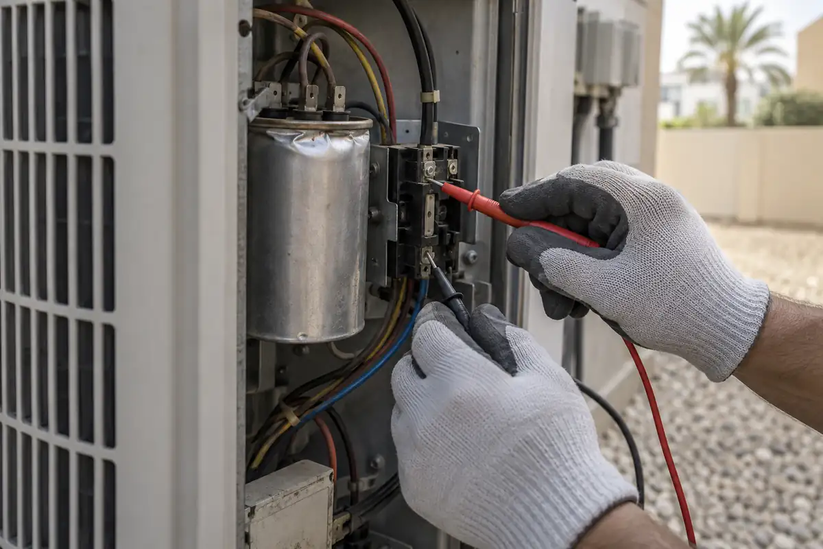 Qualified technician diagnosing an AC capacitor and relay with insulated test probes