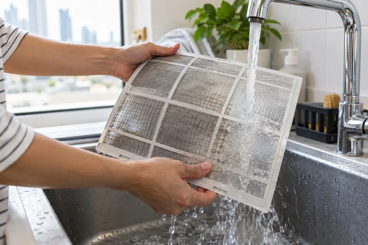 Homeowner rinsing a removable washable AC filter during planned maintenance