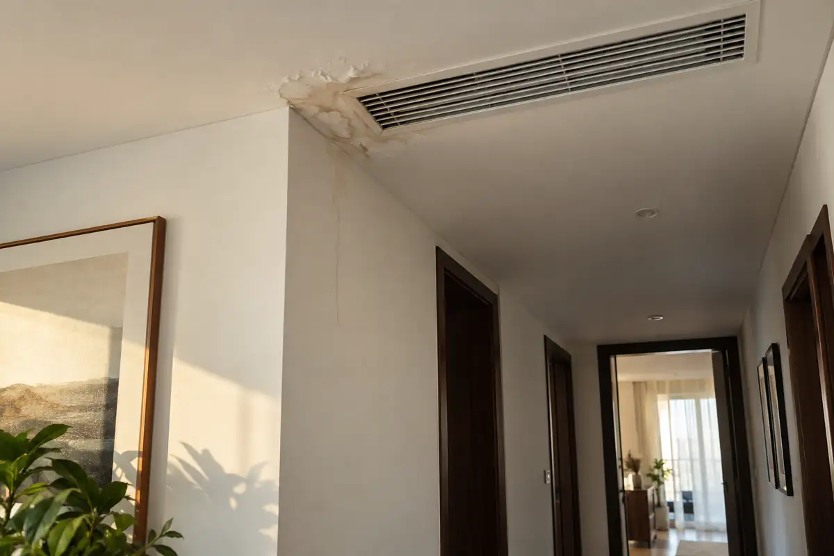 Water stain and bubbling paint beside a concealed AC ceiling vent in a Dubai apartment