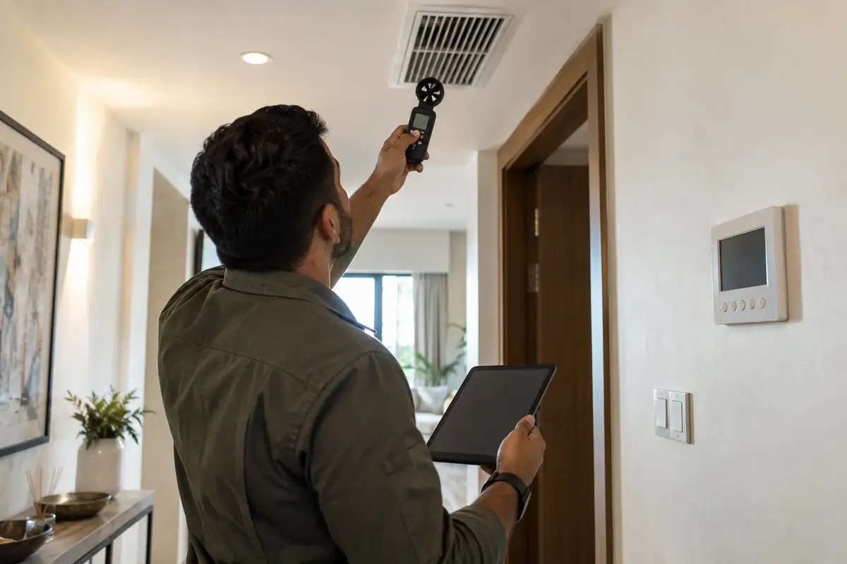 Male AC technician measuring airflow and recording observations during a scheduled condition check
