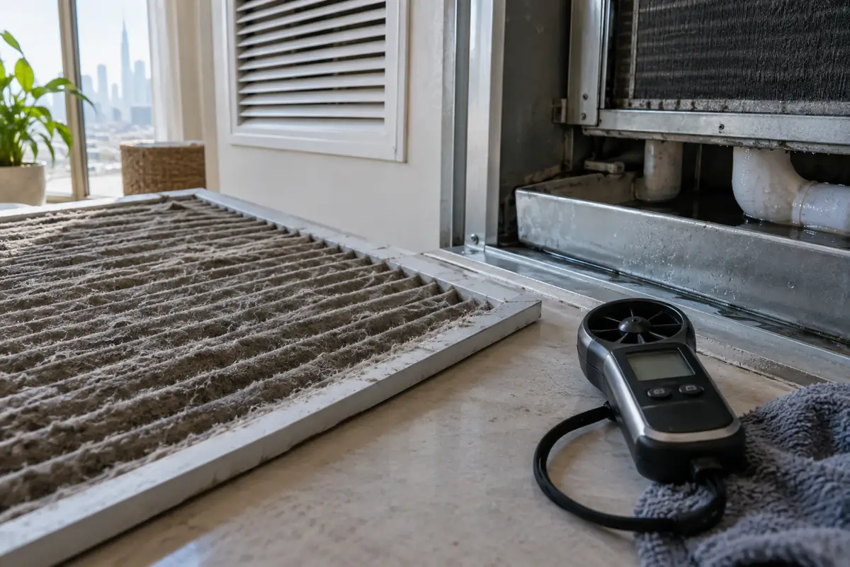 Dusty removable AC filter, condensate tray and airflow meter showing visible service-timing clues
