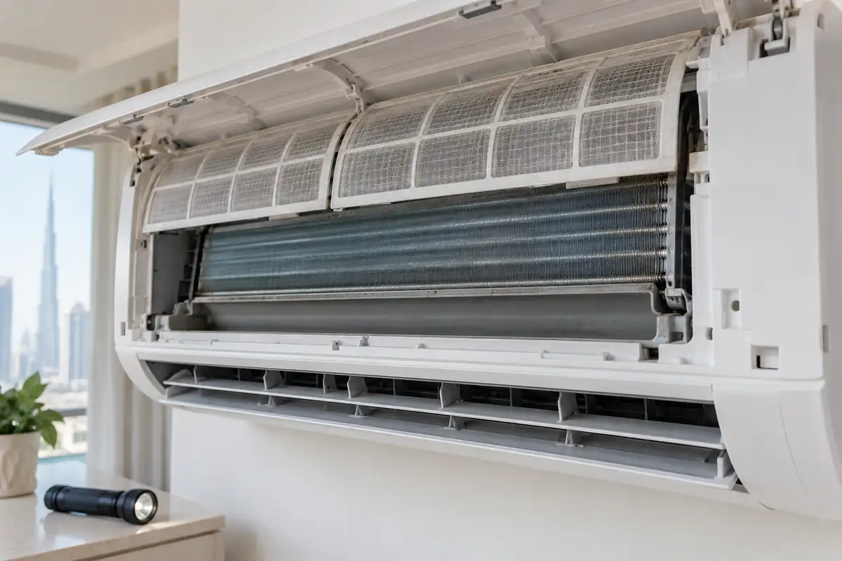 Accessible AC filter, coil, condensate tray and louvers shown during a condition check