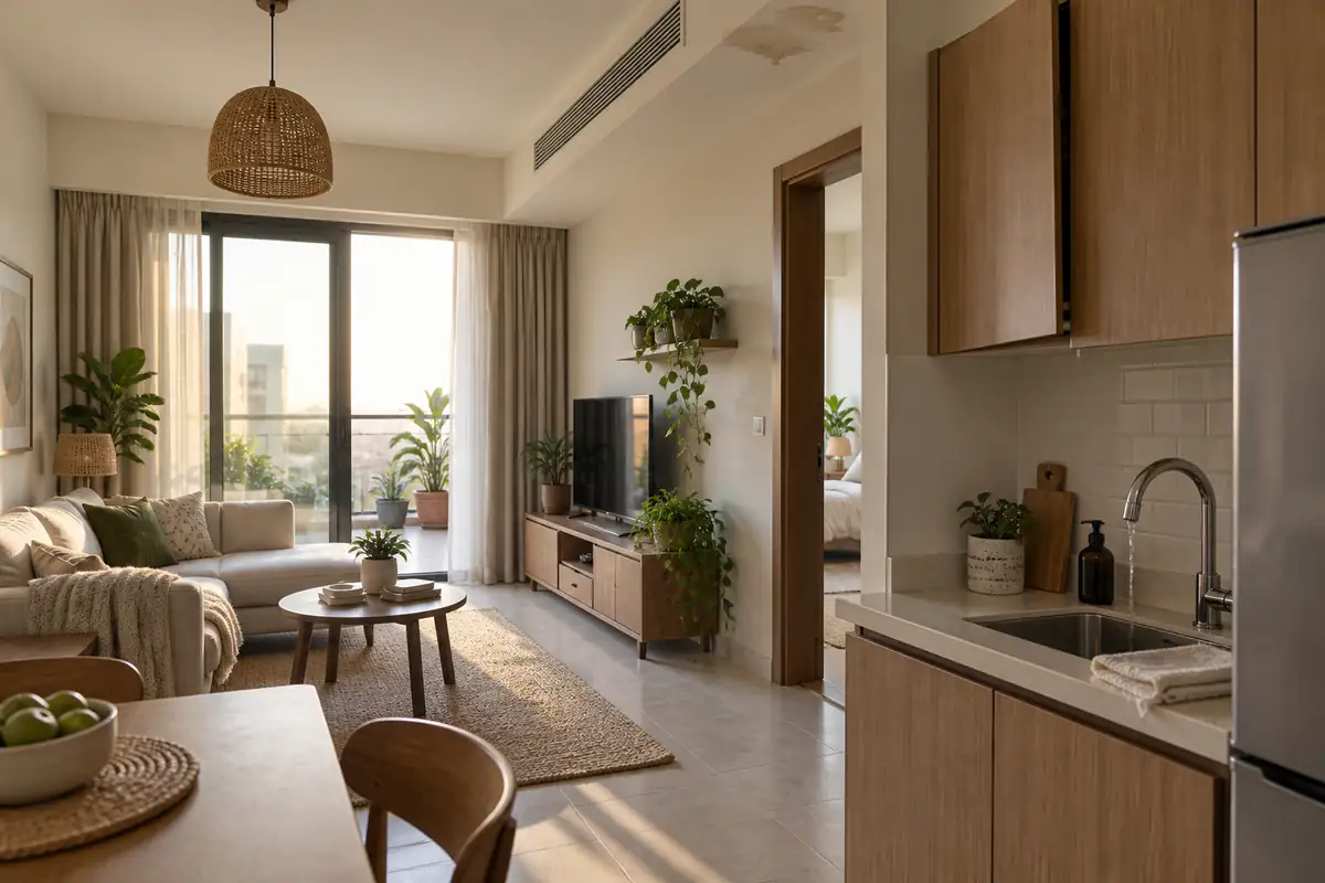 Subtle damp mark, small sink drip, and misaligned cabinet door inside a lived-in Dubai apartment