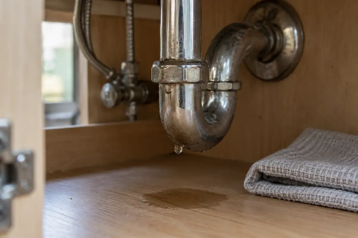 Small water droplet forming at a pipe joint beneath a kitchen sink