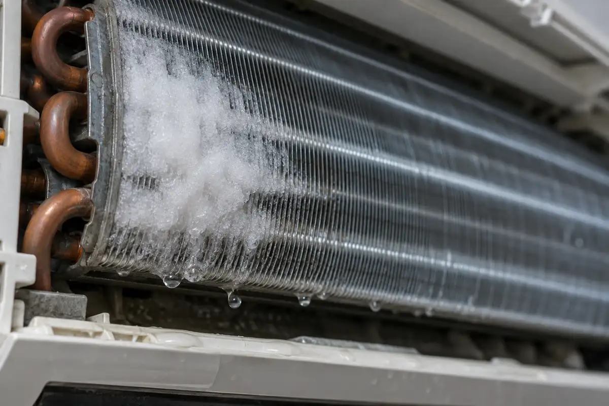 Localized frost and melting water droplets on an AC evaporator coil