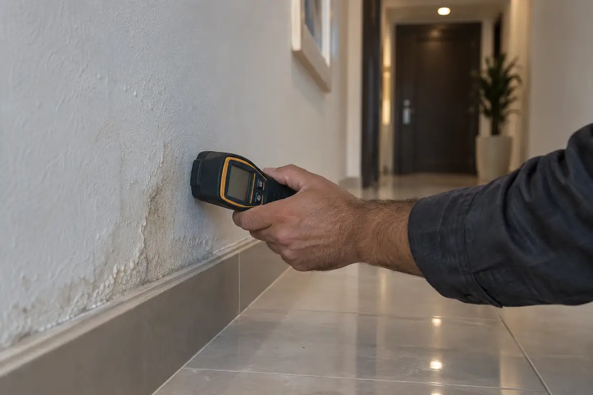 Male leak-detection technician checking a subtle damp wall patch with a moisture meter in a Dubai apartment