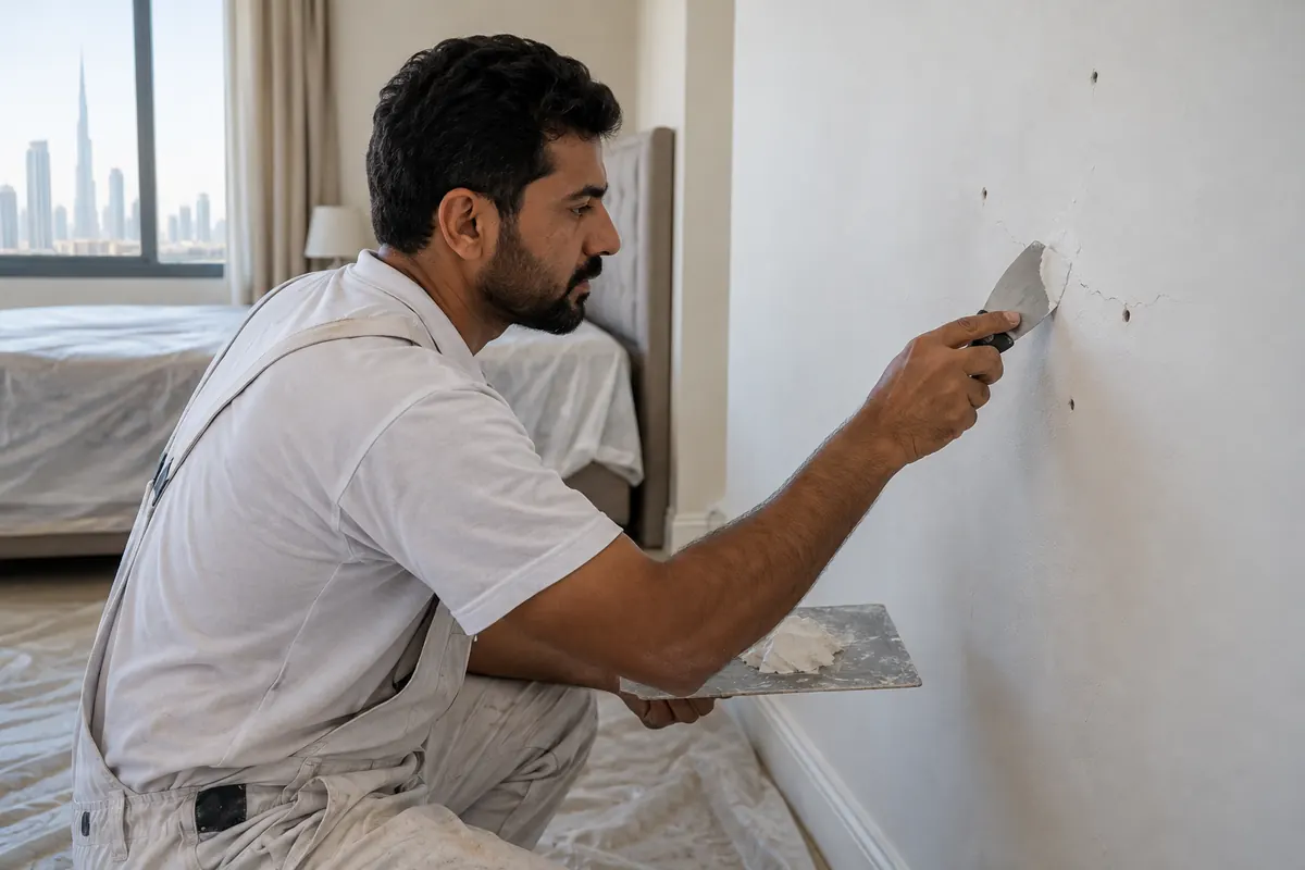Male painting professional filling small nail holes and a fine cosmetic crack on a dry interior wall before painting