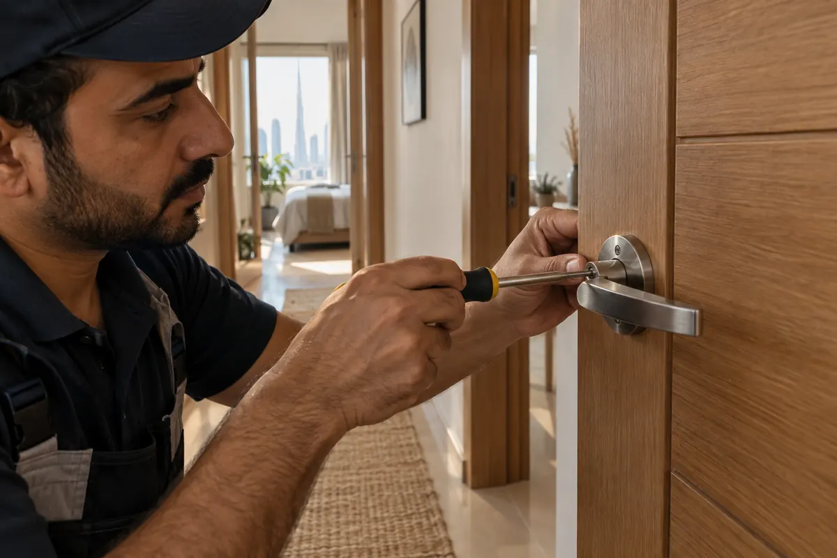 Male handyman adjusting a loose brushed-metal lever handle on a wooden interior door in a Dubai home