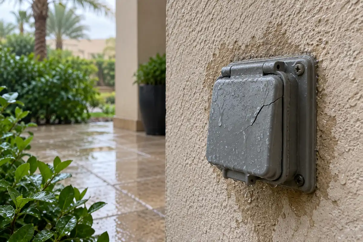 Cracked closed outdoor electrical outlet cover with moisture droplets on a Dubai villa exterior wall
