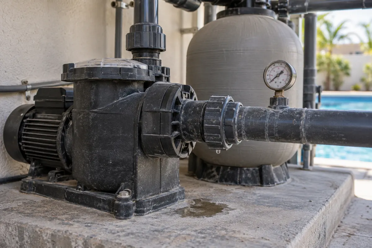 Pool pump, filter and pressure gauge showing a small damp mark beneath a pipe union at a Dubai villa