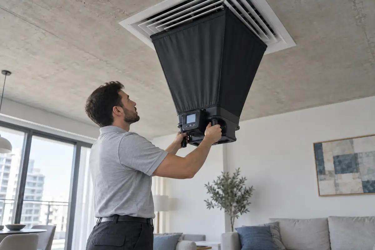 Male HVAC professional measuring airflow beneath a ceiling diffuser in a Dubai apartment