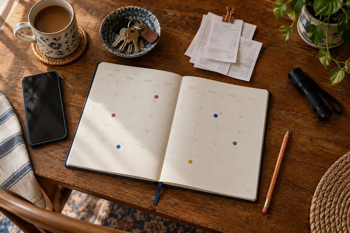 Top-down view of a home maintenance planner, keys, phone, pencil, and flashlight