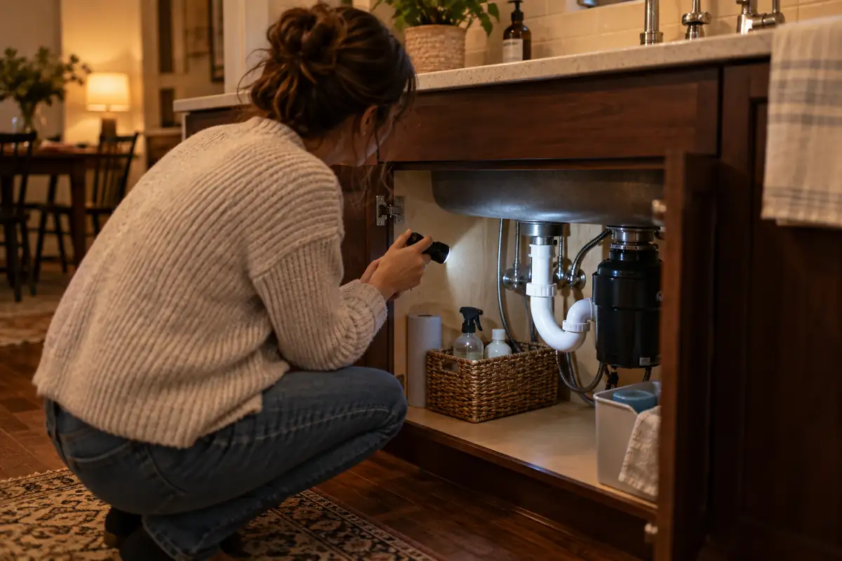 Homeowner using a flashlight to inspect dry pipe connections beneath a kitchen sink
