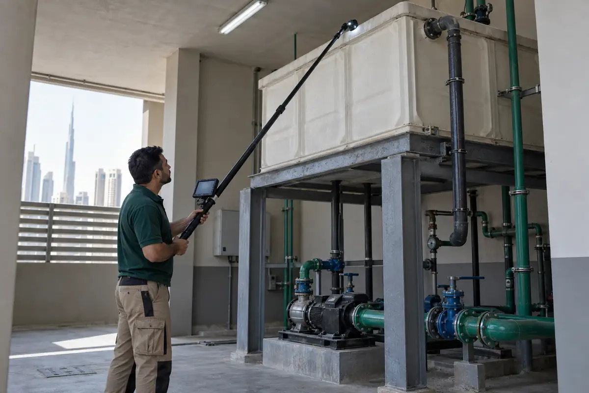 Male technician using a telescopic inspection camera to assess an elevated water tank and pipework
