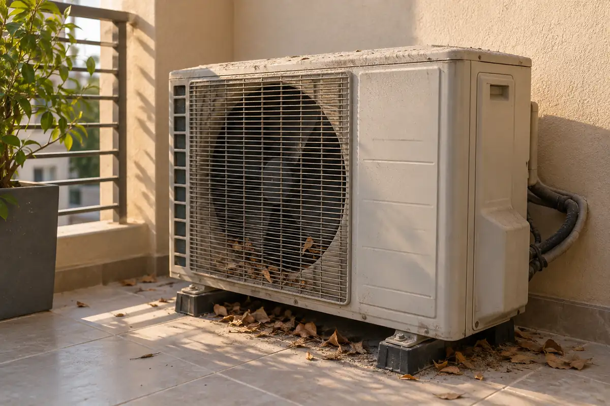 Dust and dry leaves restricting airflow around an outdoor AC condenser on a Dubai balcony