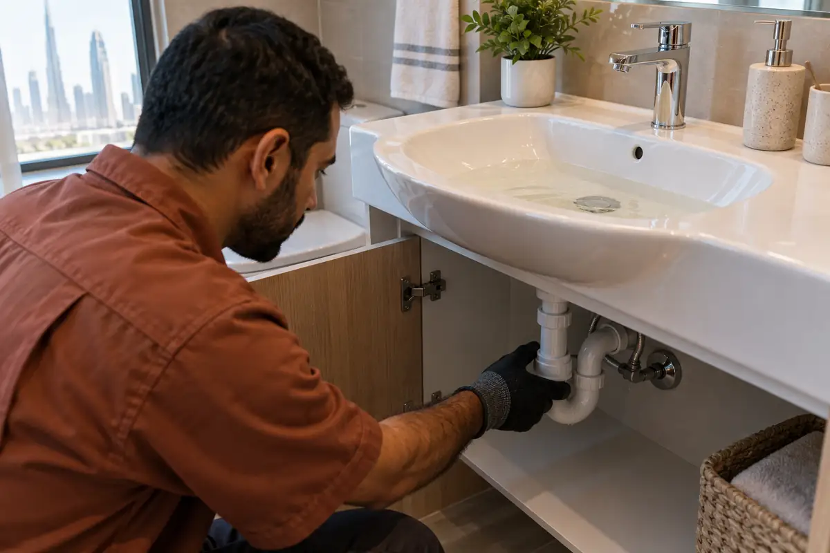 Male plumber inspecting the accessible waste trap beneath a slowly draining bathroom basin