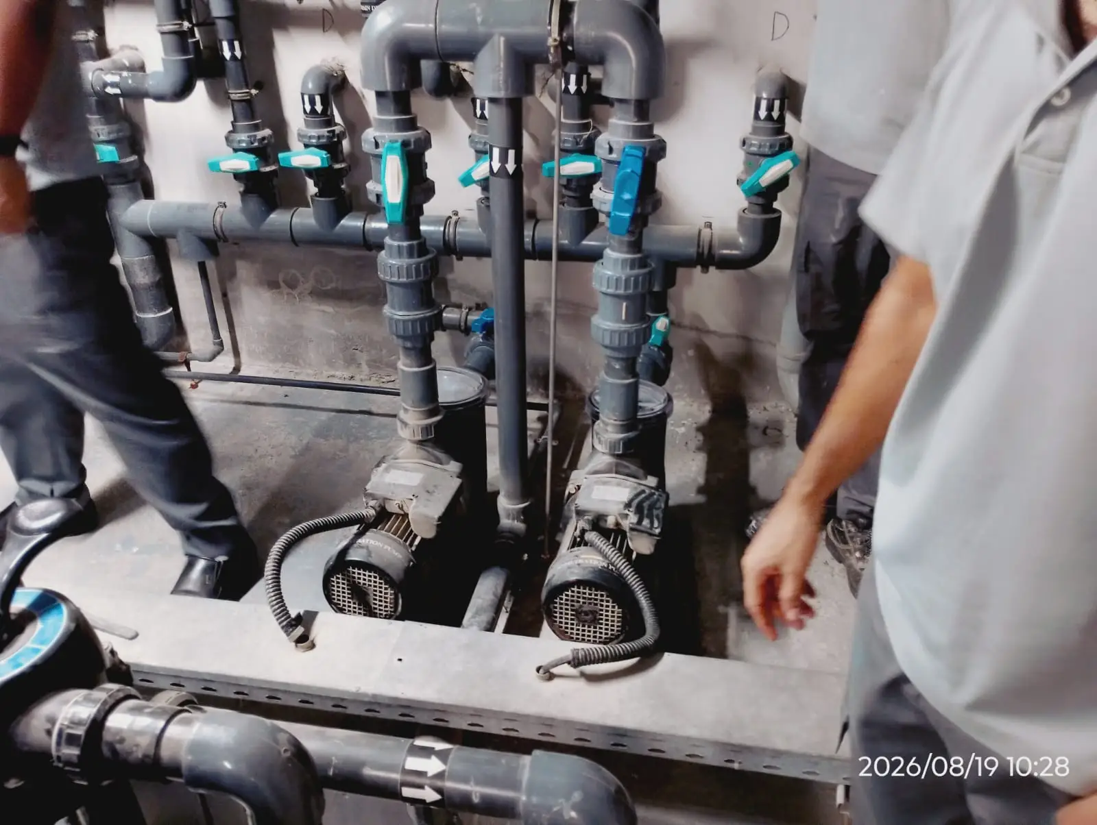 Technician checking pool pump and filtration equipment in Dubai