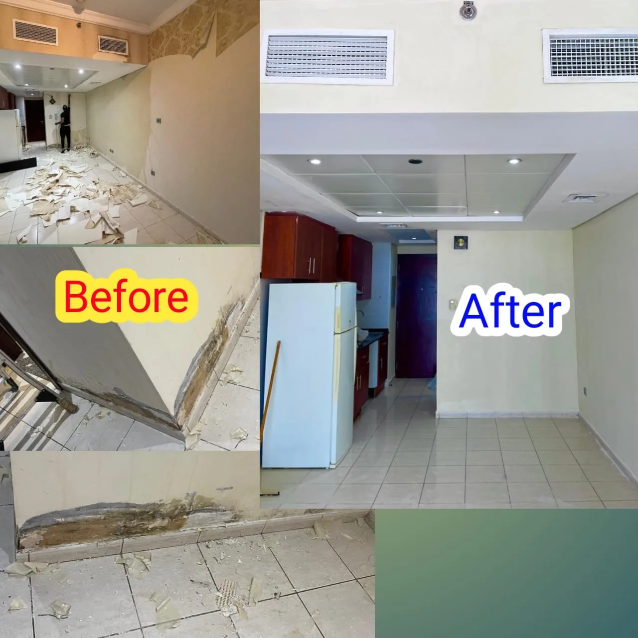 Before-and-after home renovation showing a kitchen and living area in Dubai — supporting project view 2
