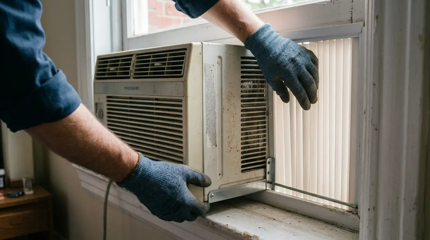 Technician installing a window AC unit